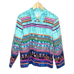 ✨NWT✨Coldwater Creek | Blue/Multicolor Aztec/Scroll/Ribbon Stripe Jacket Sz XL